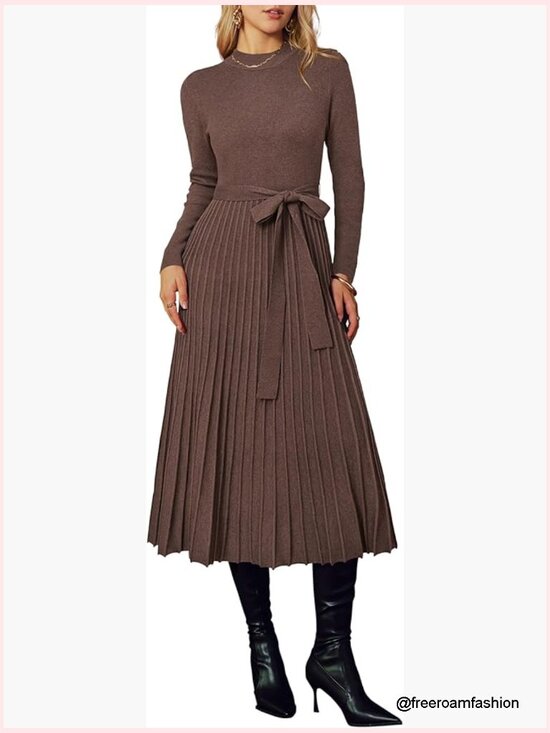 Dresses & Skirts - Wool Blend Mock Neck Tie Waist Pleated Sweater Dress